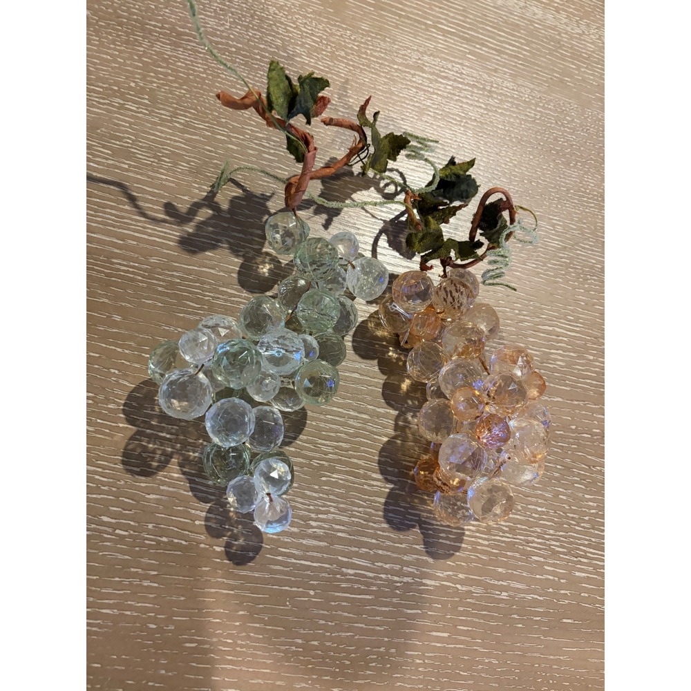Vintage Acrylic Crystal Grape Cluster Decor Set 2 Green Amber Mid Century 9in